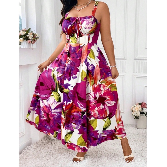 Plus Vibrant Floral Print Stretchy Waist Dress - Picture 3 of 4